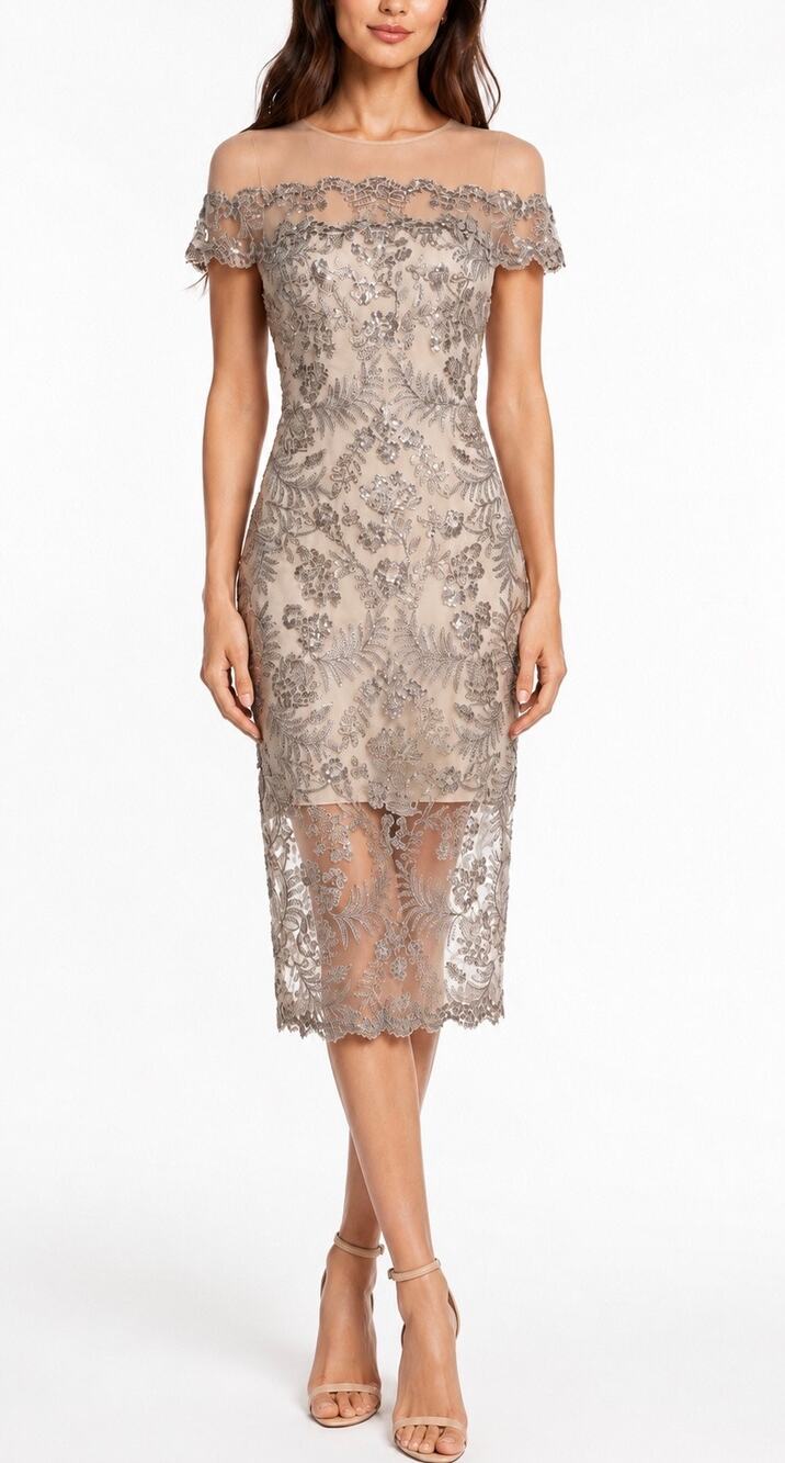 Tadashi Shoji Silver Sequin Embroidered Sheath Midi Dress Women’s Size 2